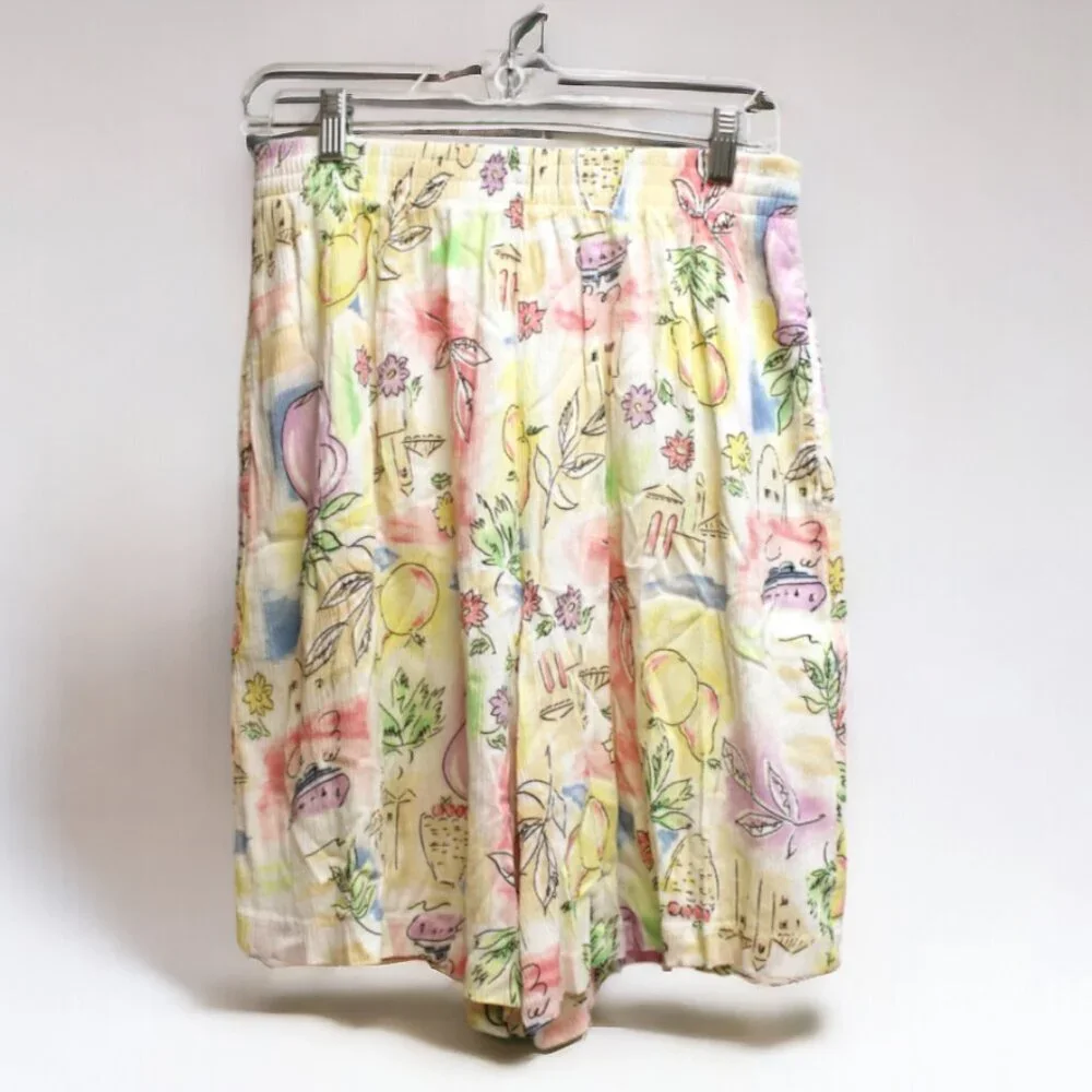 Vintage - Koret Francisca - Flowy Water Color w/ Line Drawing Print Shorts 27